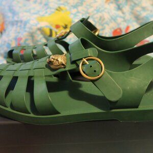 Gucci Double G Logo Rubber Fisherman Buckle Sandals Green Size 8 Mens Authentic